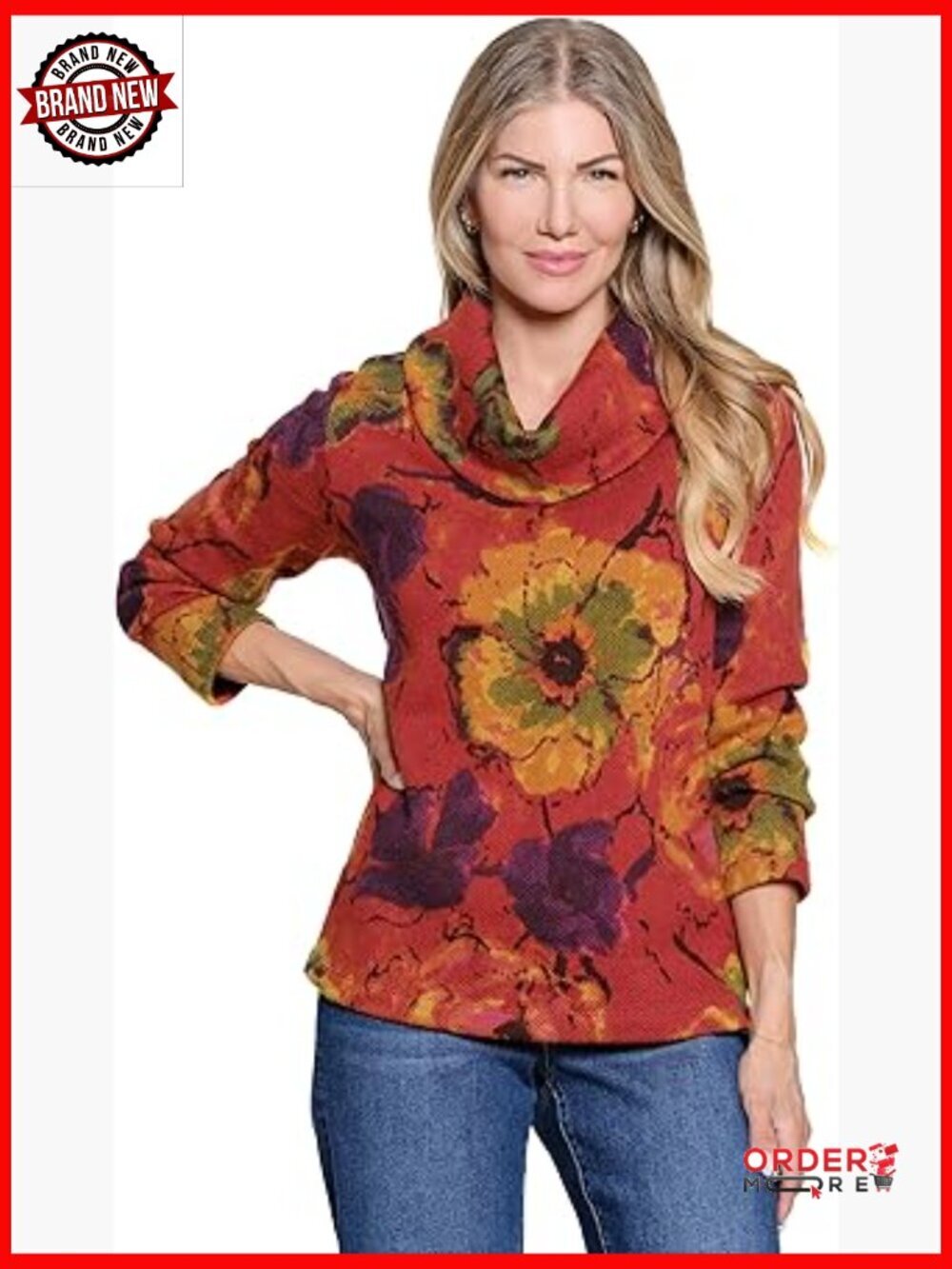 Textured Brushed Knit Popover Tunic 3/4 Sleeve Cowl Neck Floral Womens Top